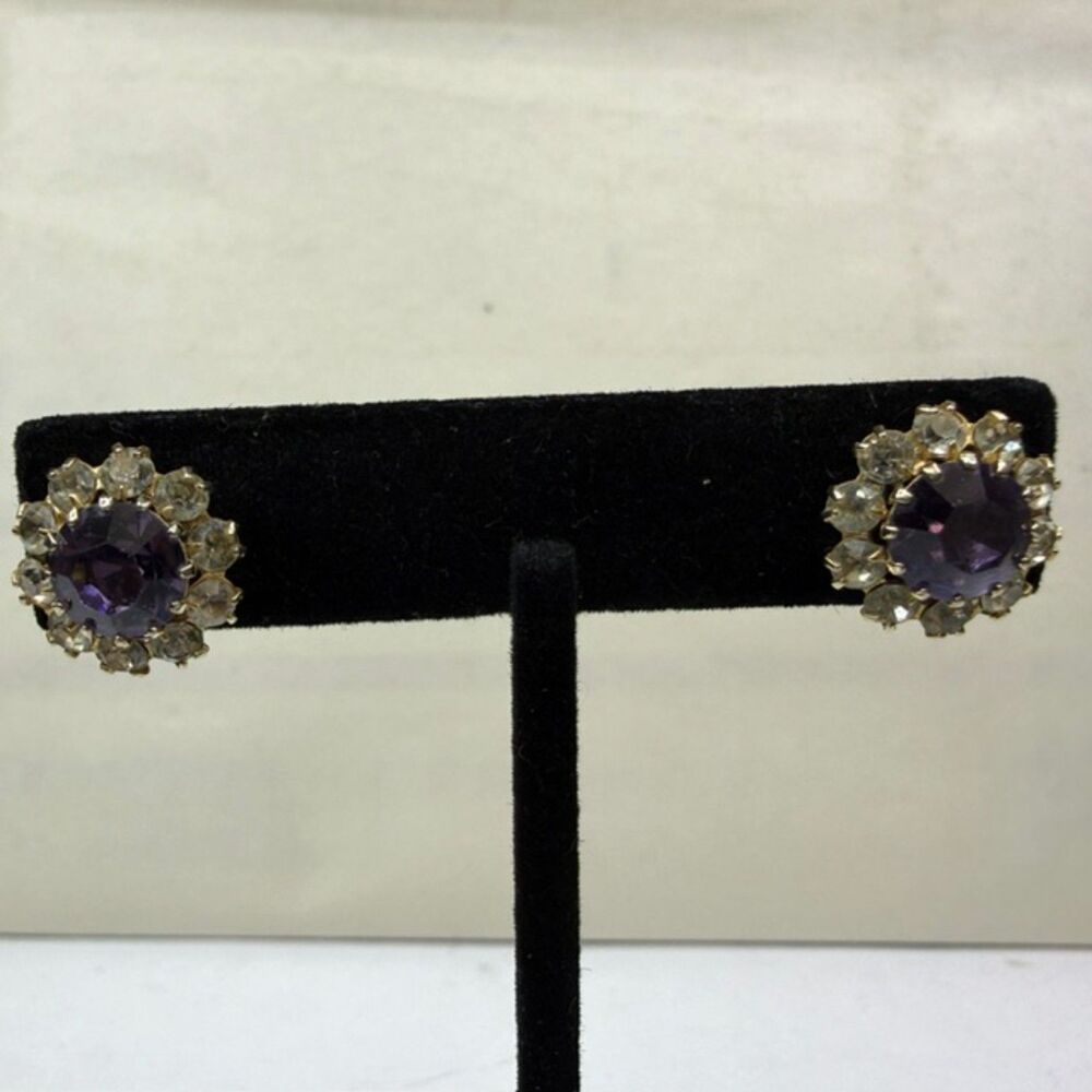Vintage Purple Rhinestone Cluster Earrings Gold Tone Post Back Fashion Jewelry